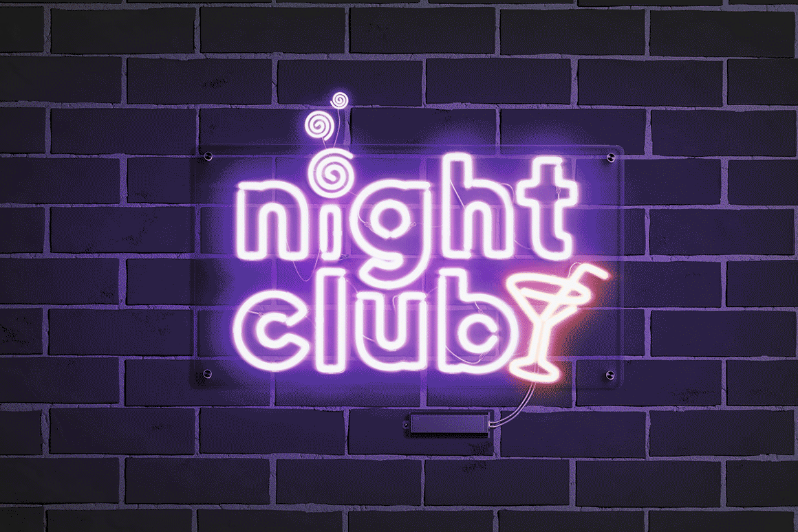 Custom neon sign for the nightclub with violet and pink color.
